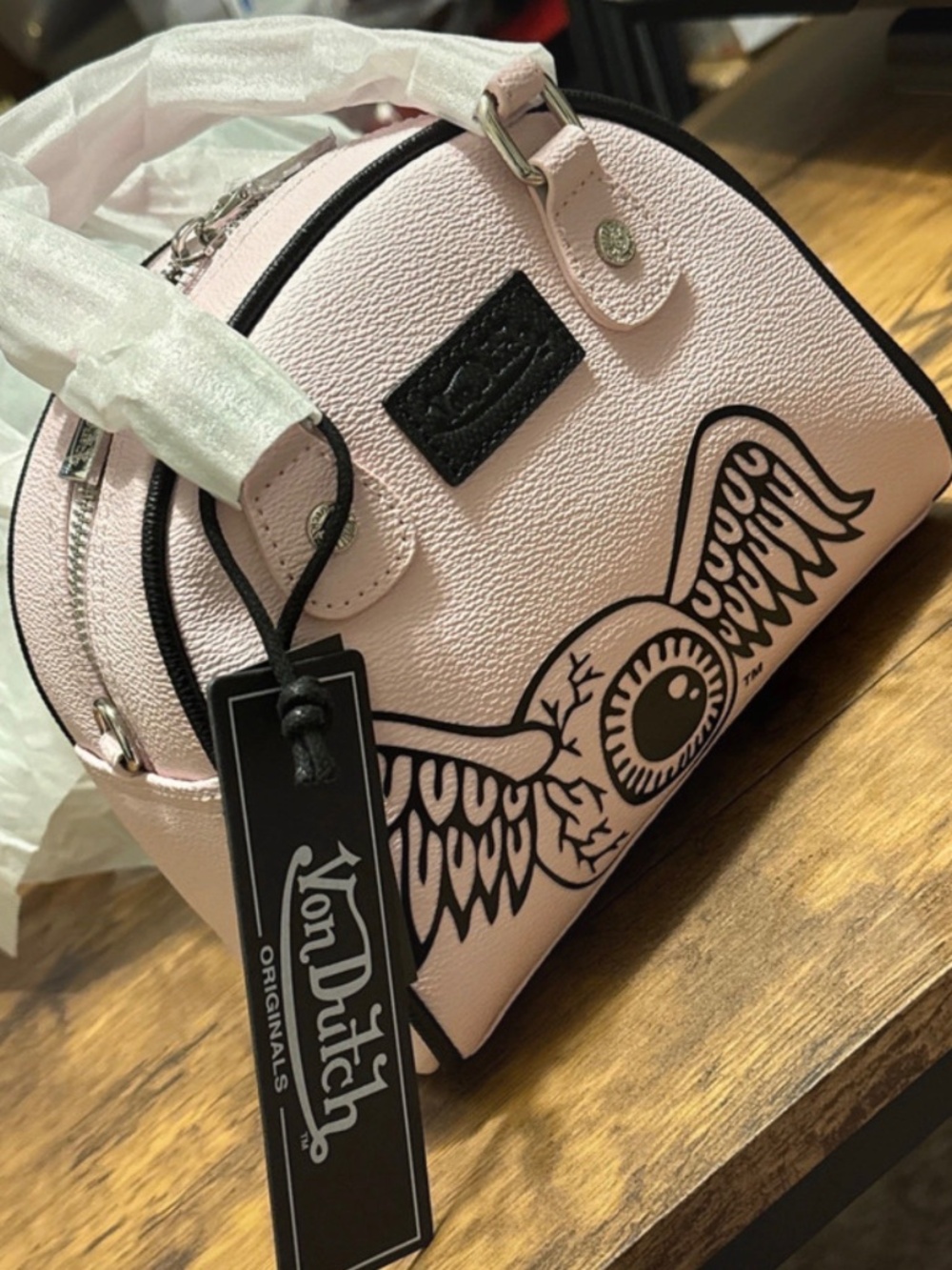 NWT Von Dutch Pink and Black Two-Tone Bowling Bag with Shoulder Strap